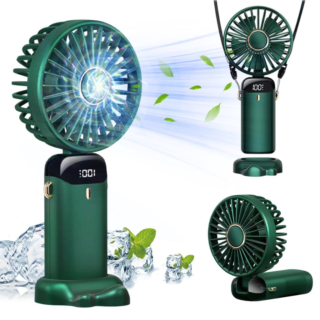 HASTHIP® Hand Fan Mini Handheld Fan 3000mAh Rechargeable with 5 Speeds, Battery Operated Mini Fan Foldable Desk Desktop Fans with LED Display for Home Office Bedroom Outdoor Travel (Green)