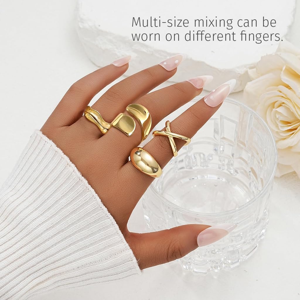 SANNIDHI Rings Set for Women with Adjustable Open Structure and Golden Alloy Finish | 6Pcs Stackable Chunky Design