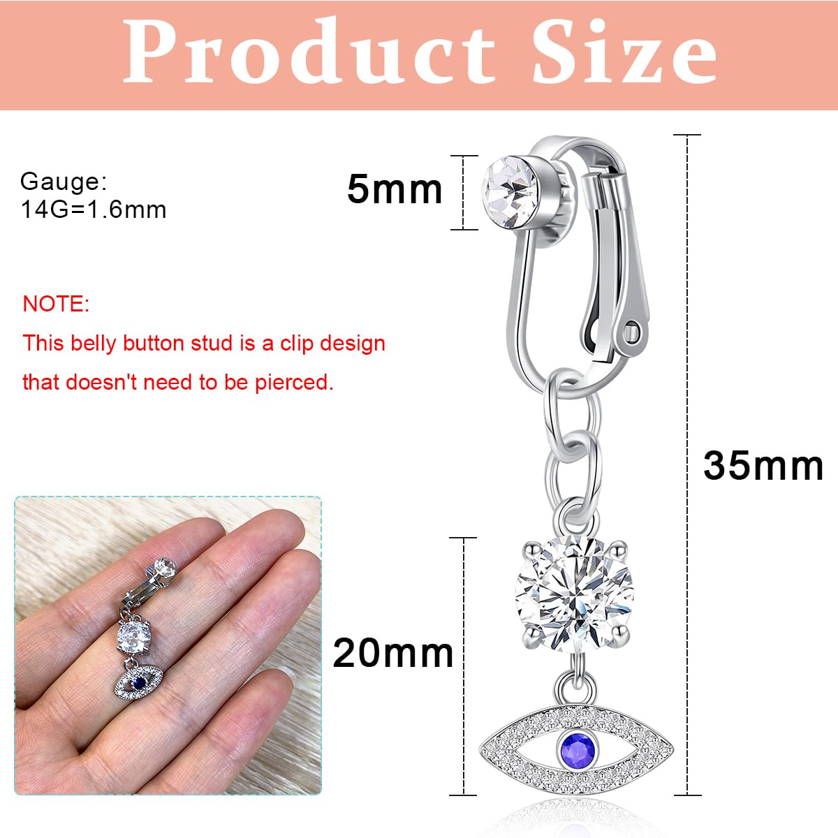 MAYCREATE® Fake Belly Piercing Jewelry Evil Eye Belly Button Rings 316L Stainless Steel Non-Piercing Rhinestone Belly Rings Navel Rings for Women Girls