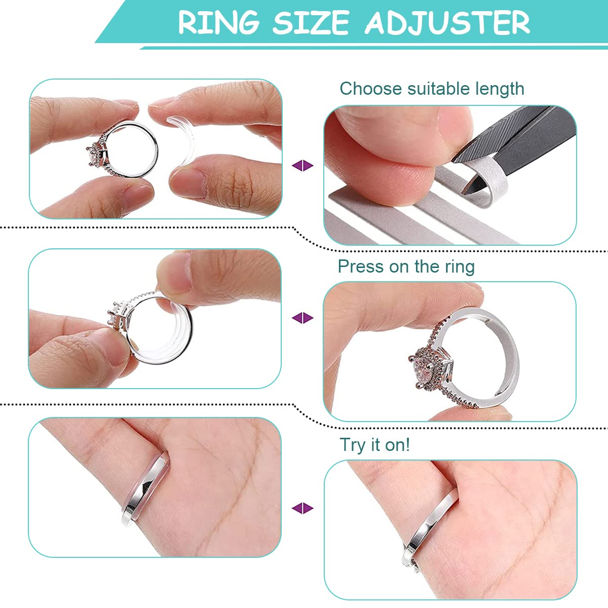 Venzina Ring Size Adjuster for Loose Rings with 4pcs 10cm Spiral Cord and 8pcs Regulators | Transparent EVA Self Adhesive Fit Tool for Men and Women