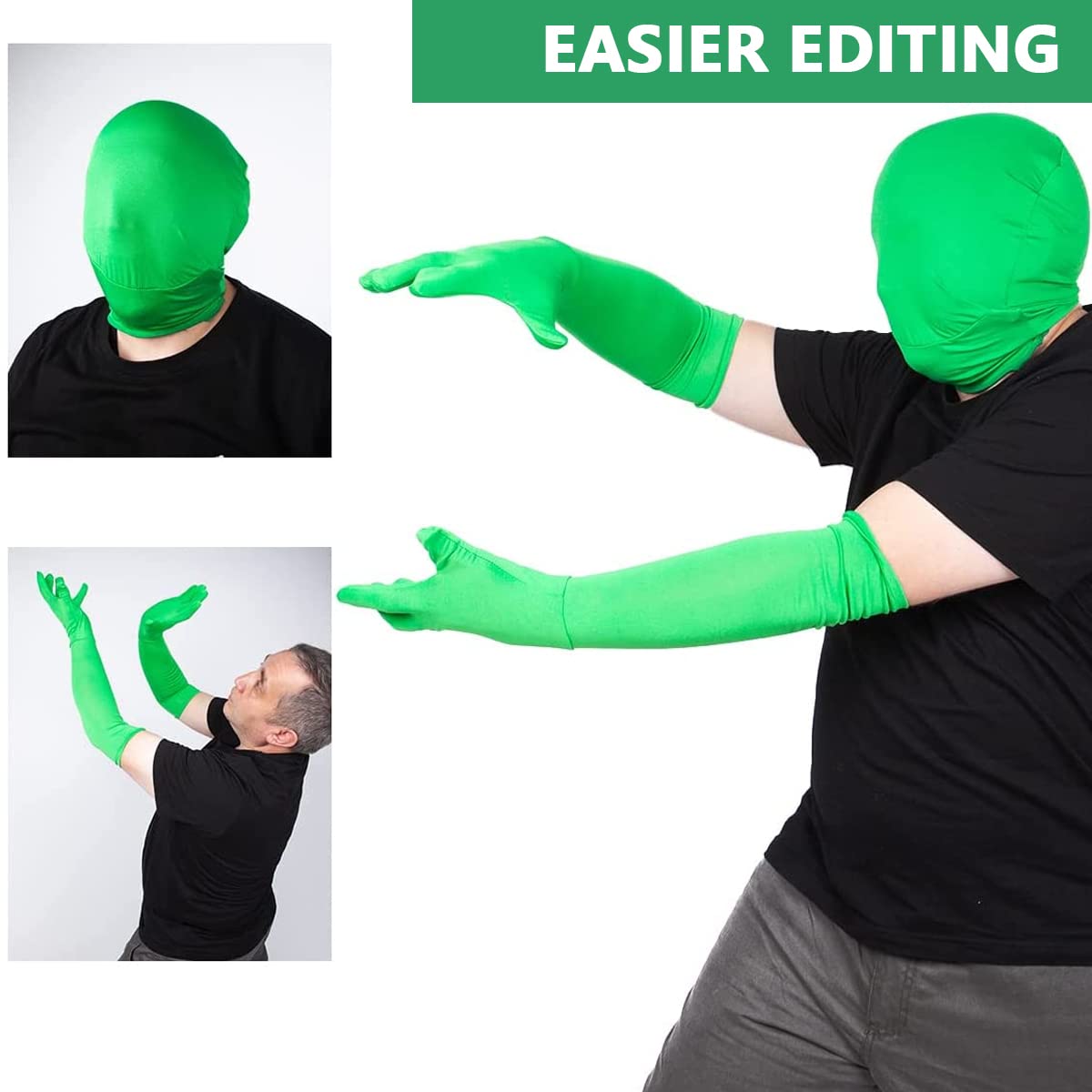 Verilux® Green Screen Photography Props Green Headcover and Long Sleeve Gloves Chroma Key Special Effects Background Chroma Keying Green Gloves and Head Cover for Digital Image and Video Editing