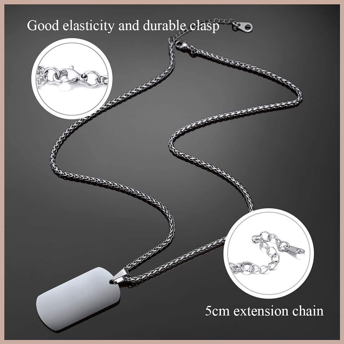 ZIBUYU Army Pendant Necklace for Men featuring 28mm x 49mm Tag in Stainless Steel | Customizable Gift