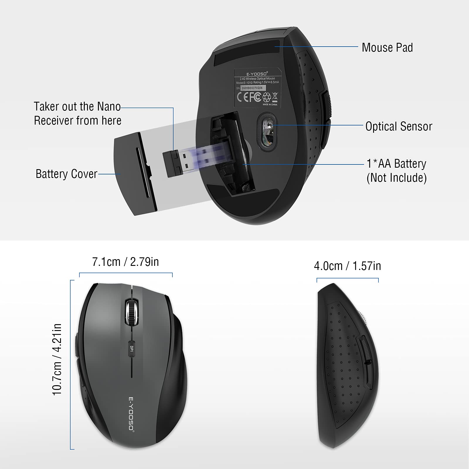 Verilux Wireless Mouse with 2.4GHz Connection and Battery Level Indicator | Ergonomic Rechargeable Design