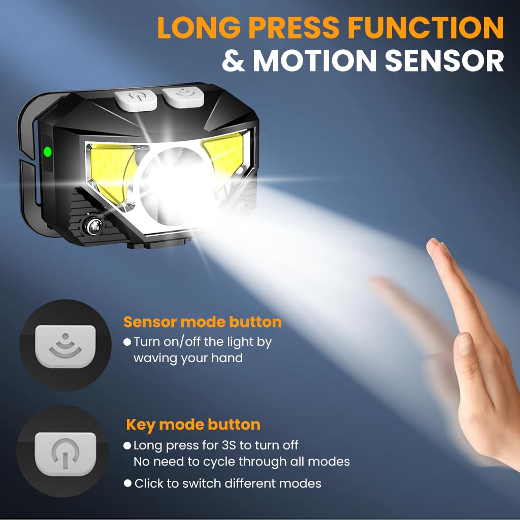PROBEROS LED Headlamp for Camping and Hiking with Motion Sensor and Red Flash Warning | IPX5 Waterproof Rechargeable Light