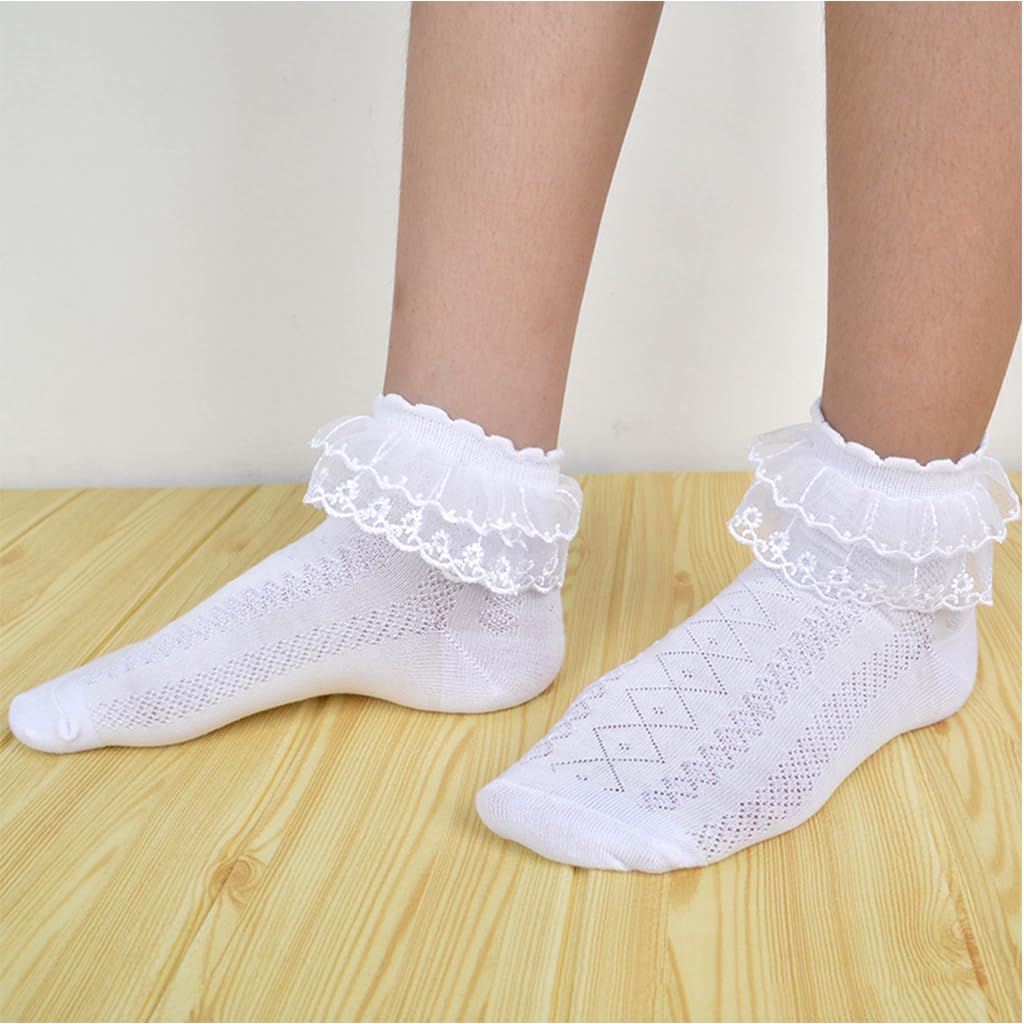 SNOWIE SOFT Lace White Socks for Girls featuring Ruffled Trim and Breathable Cotton 6 Pairs for Ages 4–6