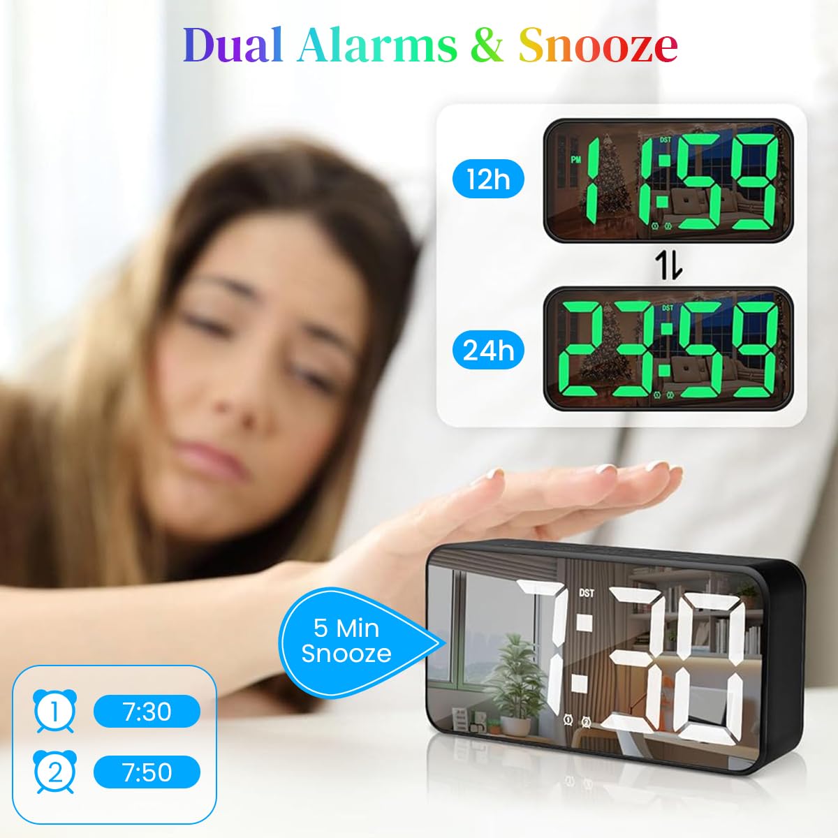 HASTHIP LED Digital Alarm Clock with 14 RGB Color Screen and Dual Alarm | USB Rechargeable Folding Nightlight