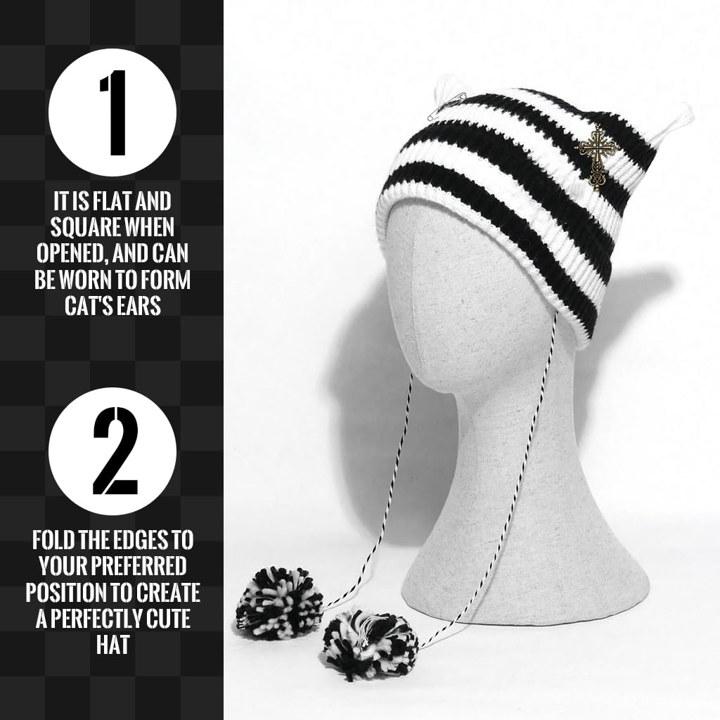 Venzina Crochet Hat for Women featuring Cat Ear Design and Cross Charm | Y2K Winter Beanie