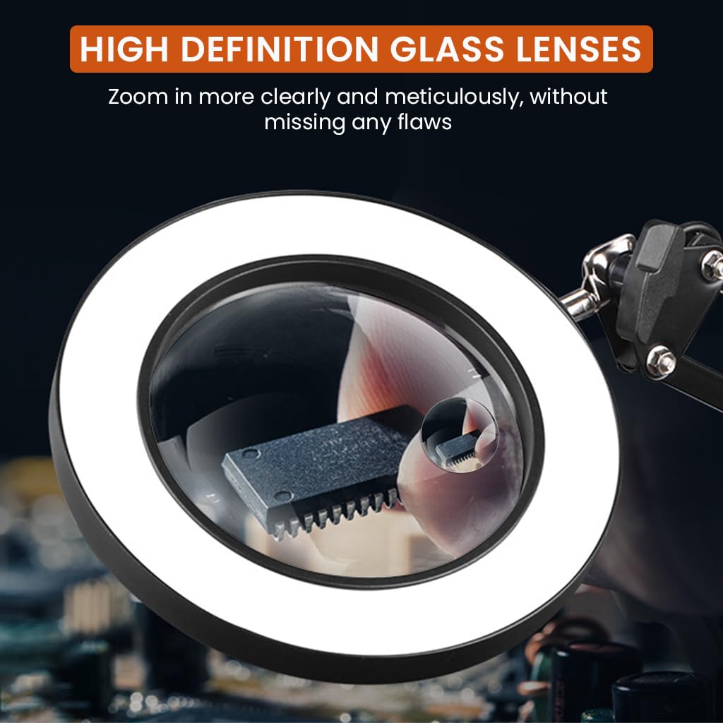 HASTHIP Desk LED Magnifier for Repairing and Reading with 15X Lens and Flexible Arm | USB 3‑Color Lighting
