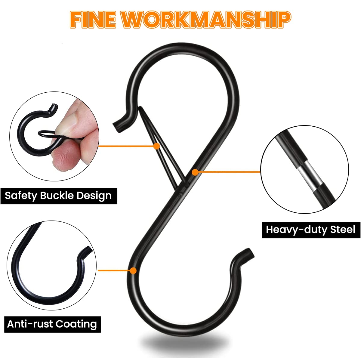 HASTHIP S Shaped Hooks for Kitchen and Closet with Press to Open Buckle Clip 10pcs 3.5 in | Black Metal Hanging Hooks for Plants Pots and Bags