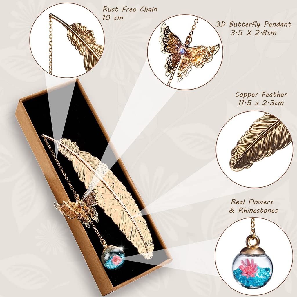 HASTHIP Metal Feather Bookmark for Reading Enthusiasts with 3D Butterfly Pendant and Glass Beads | Vintage Gift Set 2PCS