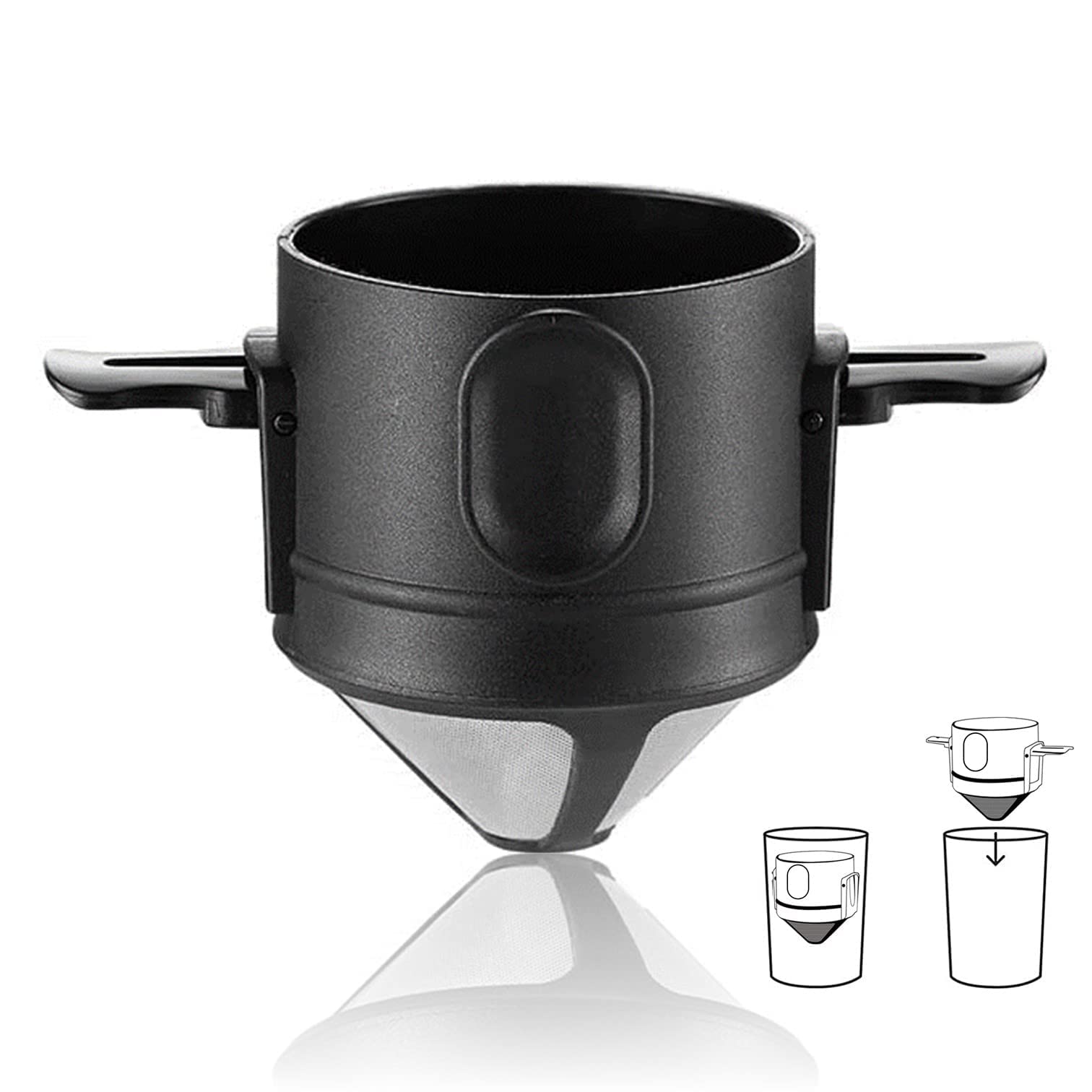 HASTHIP Filter Coffee Maker Double Mesh Pour Over Coffee Filter Food Grade Stainless Steel & Plastic Coffee Dripper 100% Paperless Maker Foldable to Fit Most Cup Keep Coffee Flavour Easy to Use and Clean