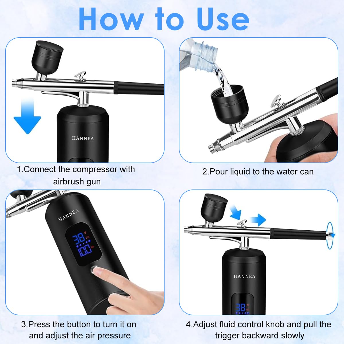 HANNEA Airbrush Kit for Painting and Makeup with 0.3mm Nozzle and 3 Pressure Levels | Rechargeable LCD Spray Gun