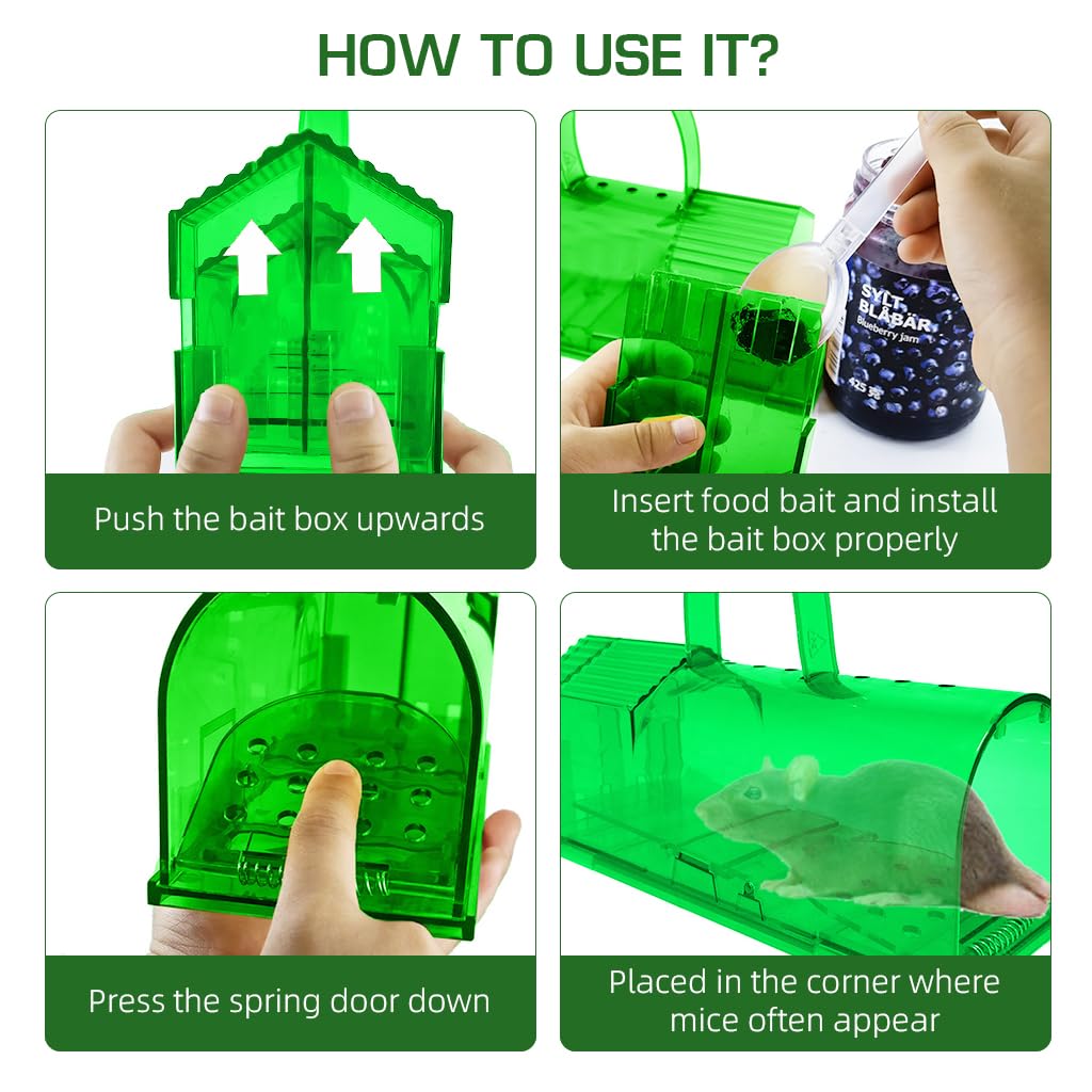 HASTHIP 2 Piece Large Mouse Trap with Handle - 7.9 Inches Green Large Rat Trap - No-retreat Spring loaded Door Mouse Trap - Humane Mouse Trap - Easy to Set Up - Mouse Catcher Reusable