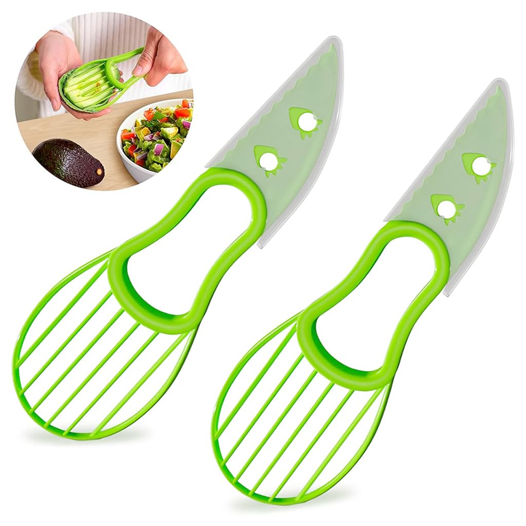 Supvox® 2Pcs Avocado Slicer Cutter Tool, 3 in 1 Avocado Peeler, Green Avocado Cutter and Scooper for Fruits Vegetable - Peel Avocado Slicer Pitter - Plastic Avocado Knife