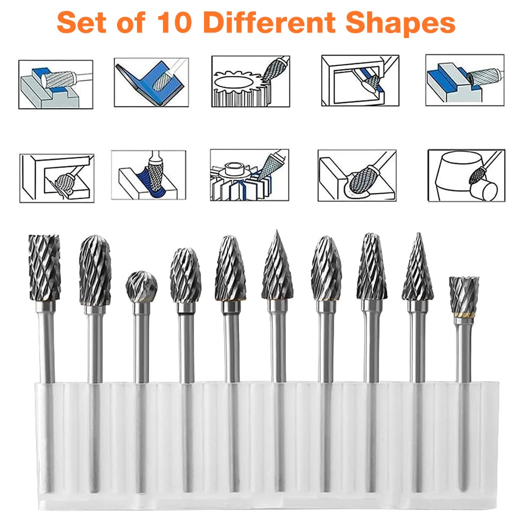 Serplex® Tungsten Carbide Rotary Burr Set for Dremel, 10pcs Carbide Double Cut Carving Burr Bits with 1/8