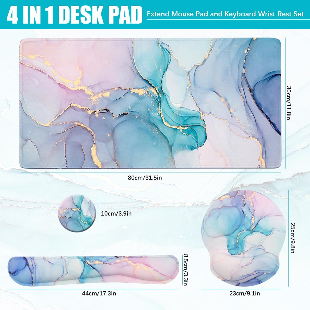 ZORBES Gaming Mouse Pad Wrist Support Set for Home Office with Non Slip Base | Blue Marble 35.4 x 15.7 in Desk Pad and Ergonomic Design