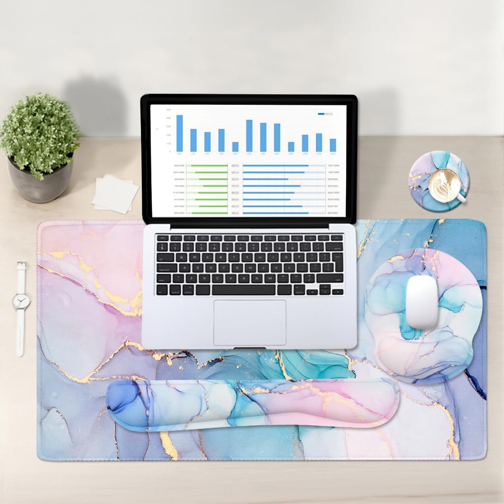 ZORBES Gaming Mouse Pad Wrist Support Set for Home Office with Non Slip Base | Blue Marble 35.4 x 15.7 in Desk Pad and Ergonomic Design