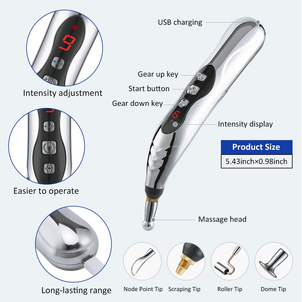 HANNEA Electric Acupoint Pen for Pain Relief with 9 Levels Strength and 5 Massage Bits | USB Rechargeable Therapy Tool