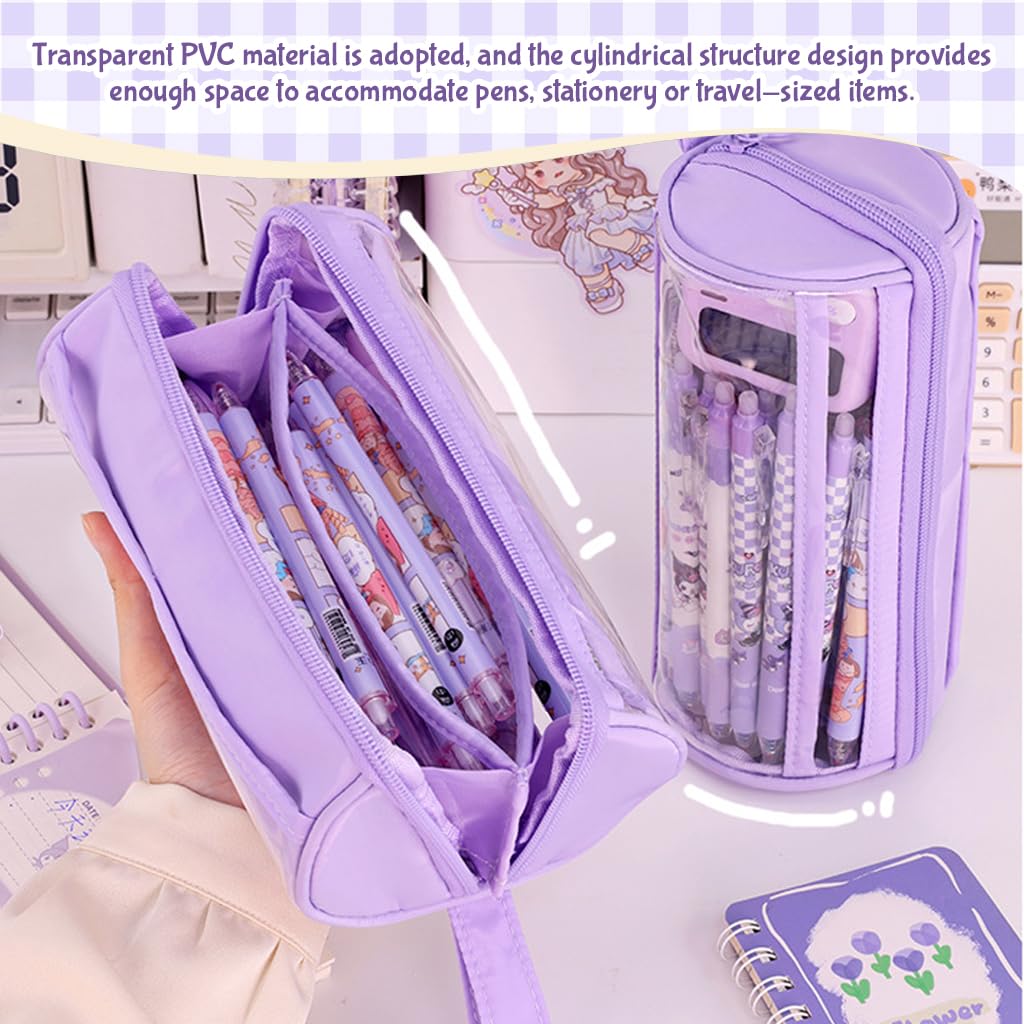 ZIBUYU Pencil Case for Stationery and Travel Toiletries with Cylindrical Oxford PVC Design