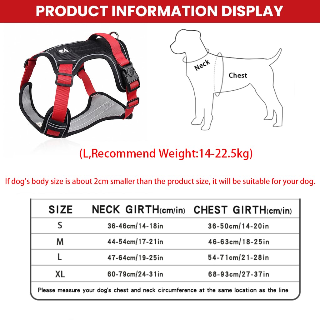 Qpets No Pull Dog Harness with Safety Reflective Strip Quick Release Buckle Adjustable Size Easy Control Handle for Small Medium Large Dog(Red,L, Recommended Weight: 14-22.5kg)