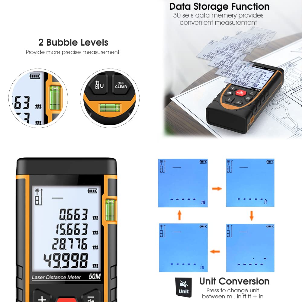 Verilux® 165FT Laser Measure Device ± 2mm Precise Digital Measure Tool, Range Finder with Dual Levels,Large LCD Backlit,IP54 Waterproof Battery Powered