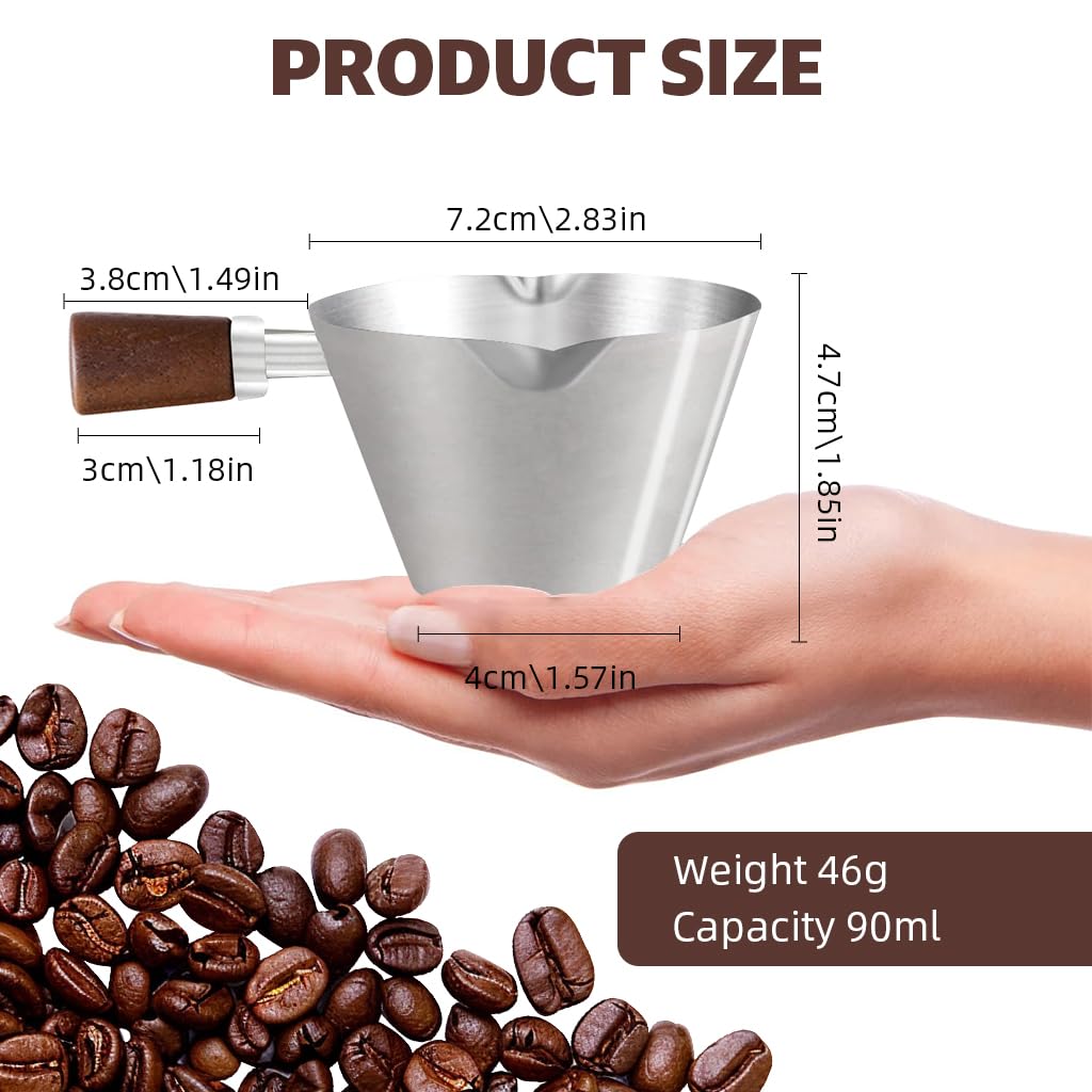 Supvox Espresso Coffee Cup 90ml for Brewing and Measuring with Dual-way V-nozzle | Brushed Stainless Steel and Wooden Handle