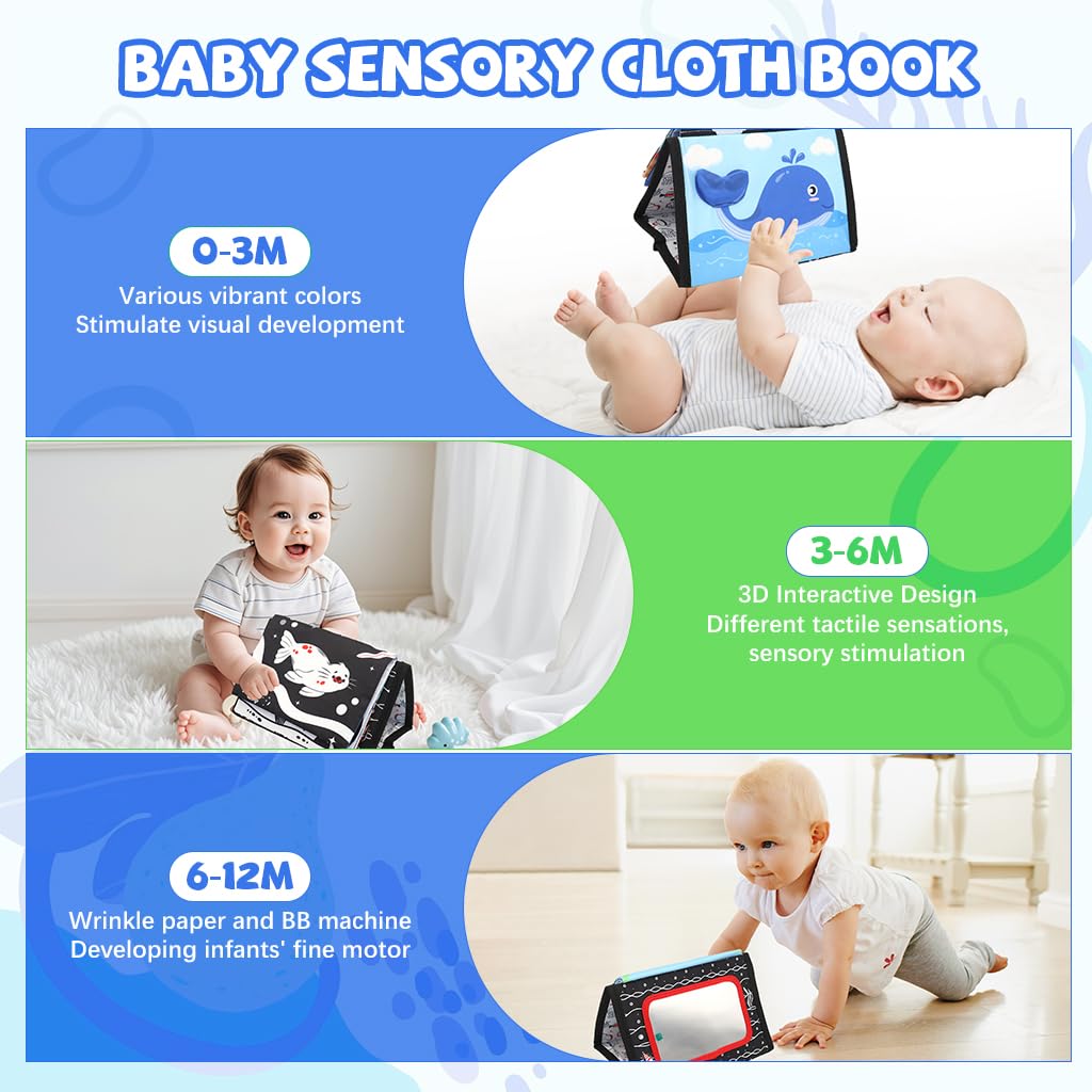SNOWIE SOFT Cloth Books for Babies with 3D Ocean Animal Pages and Crinkle Mirror Toy | 2PCS