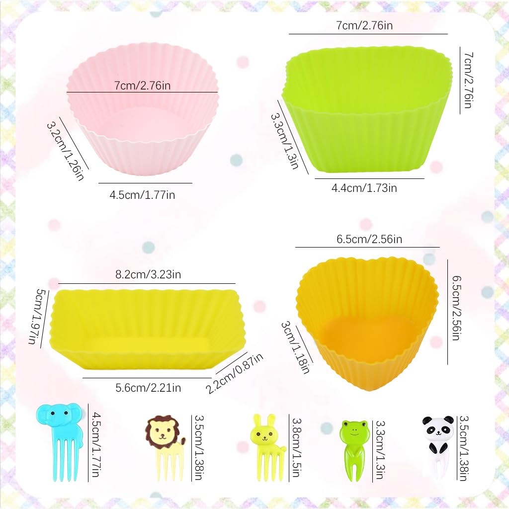 HASTHIP® 40pcs Silicone Cupcake Mold Liners & 10Pcs Cartoon Kids Fruit Forks, 4 Shapes Creative Reuseable Cupcake Liners Food Grade Heat Resistant Silicone Cupcake Mold Liners