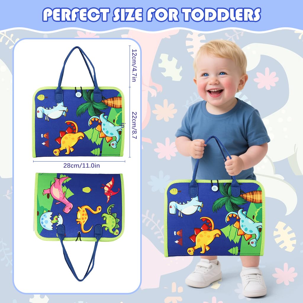 SNOWIE SOFT Dinosaur Busy Board for Toddlers 1-3 with Felt Pages and Handbag Design | Montessori Travel Toy for Quiet Learning
