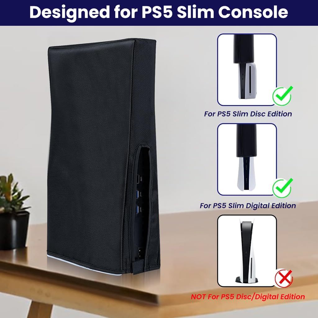 ZORBES Dust Cover for PS5 Slim with Full Coverage Design and Cable Port Access | 1680D Oxford Cloth Black