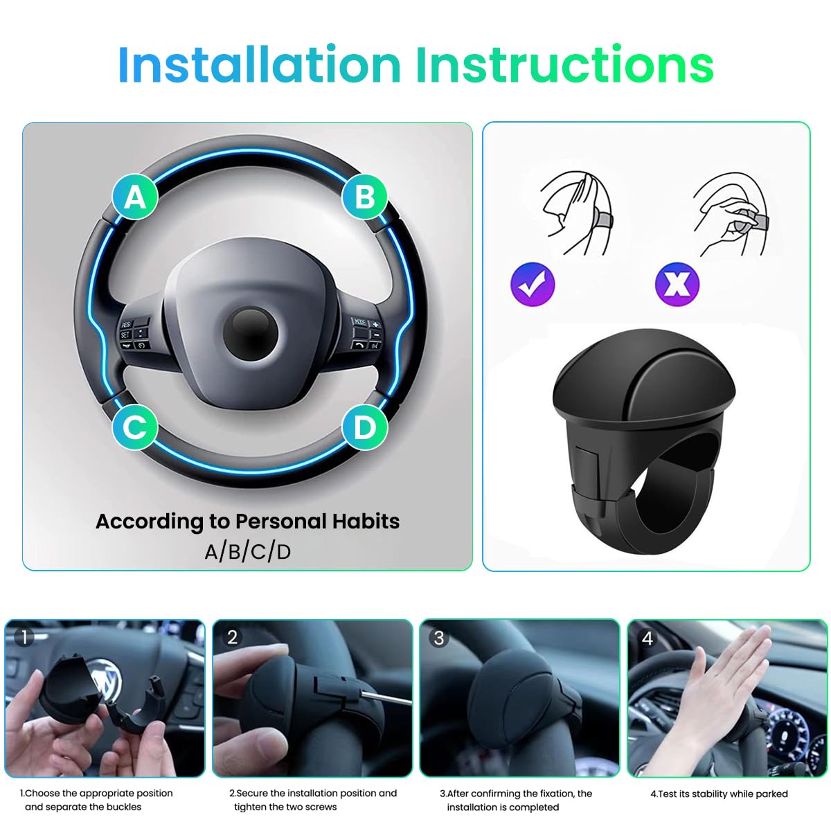 STHIRA Power Handle Car Steering Wheel Knob for Easy Control with 360° Rotatable Design and Anti Slip Silicone Cap