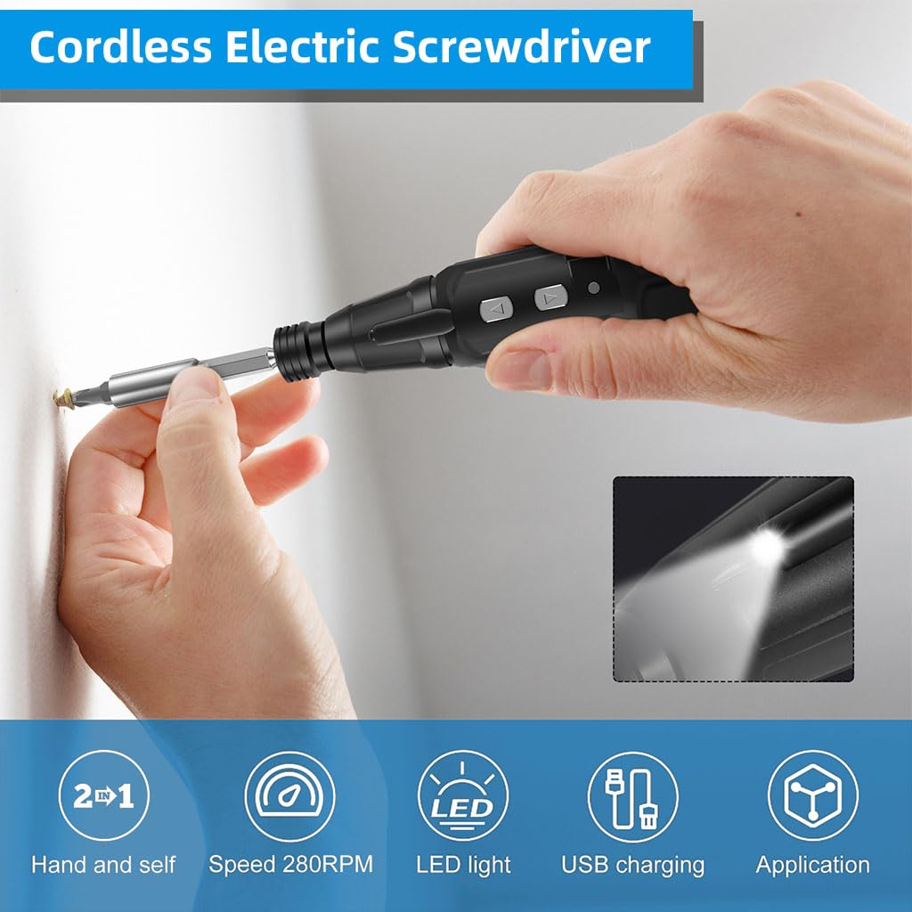 Serplex® 3.6V Cordless Electric Screwdriver Set with 9 Bits, Rechargeable Electric Screwdriver with LED Lights and USB Cable, Electric&Manual 2-in-1 Cordless Screwdriver Kit for Repairing, DIY Project