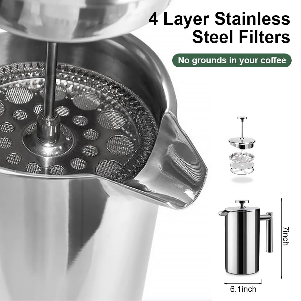 Supvox® French Press Coffee Maker 600ML with Coffee Power Jar Double Insulated 304 Stainless Steel Coffee Maker with 4 Level Premium Filtration System Tea Pot Coffee Pot Rust-Free, Dishwasher Safe