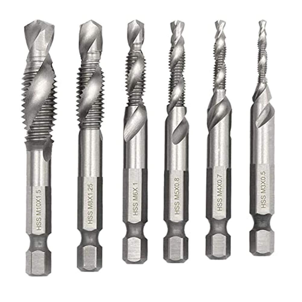 Serplex  6 Machine Screw Tap Set HSS Titanium Spiral Flute Drill Taps Metric M3 M4 M5 M6 M8 M10 Thread Tapping Tool 1/4  Hex Shank Countersunk Tap Drill Bit