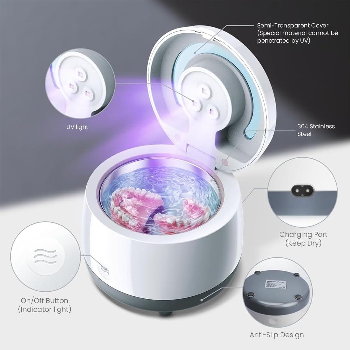 HASTHIP Ultrasonic Retainer Cleaner for Dentures and Jewelry with UV Light | 43000Hz 304 Stainless Steel Chamber