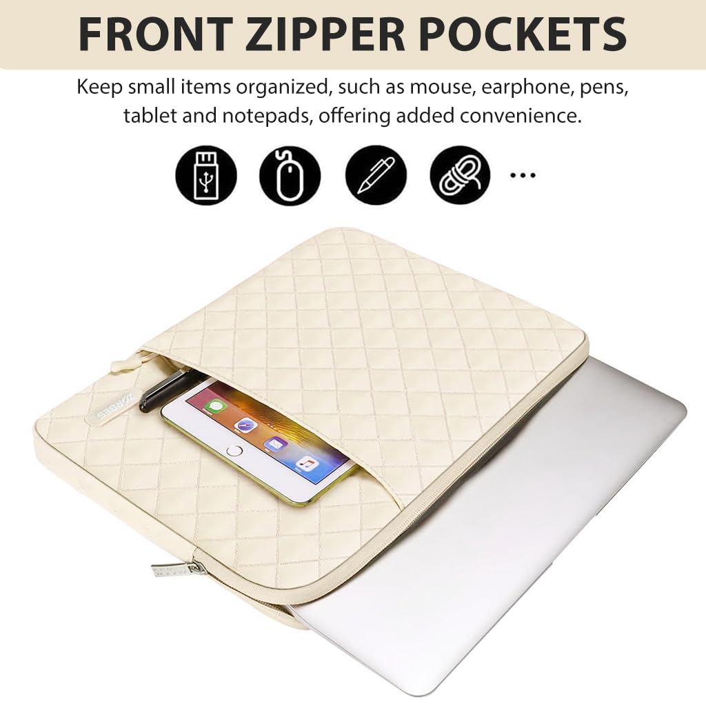 ZORBES Laptop Bag Set for Travel with Dual Zipper Compartment and Waterproof Quilted Design | Beige 13 in Sleeve and SSD Pouch