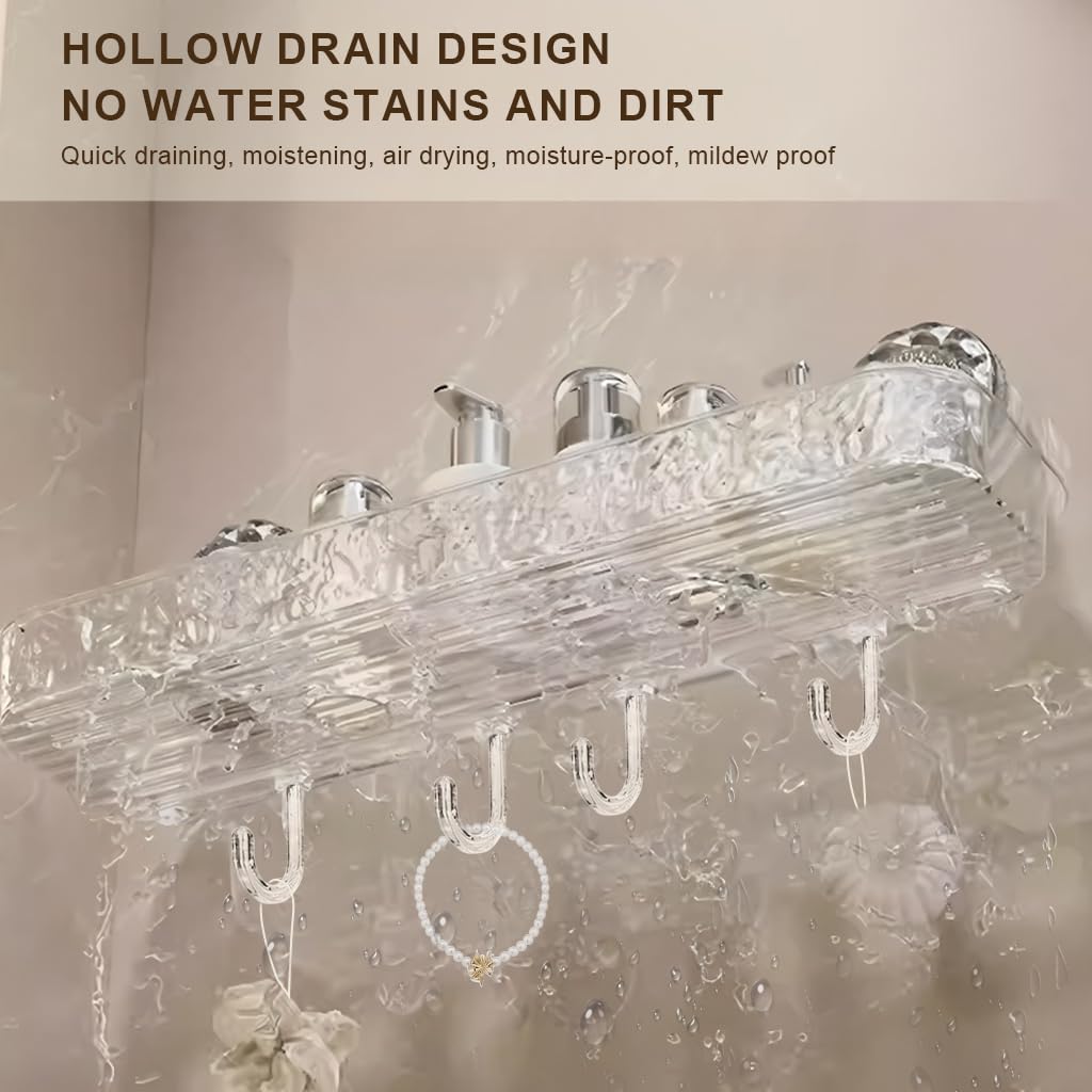 HASTHIP Bathroom Toiletries Organizer Tray for Wall Mount Storage with 4 Hooks and Quick Drainage | Clear Textured 36x10x3.5cm Design
