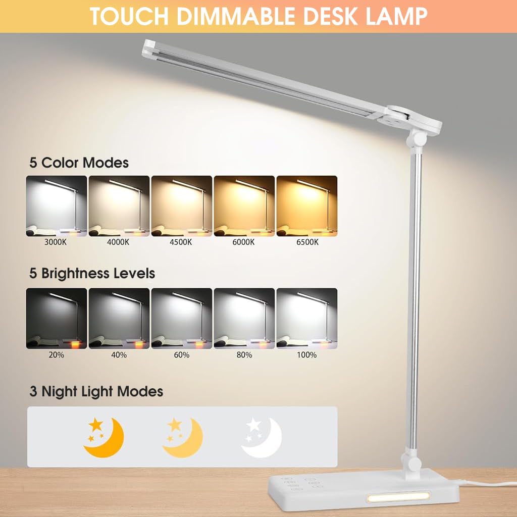 ELEPHANTBOAT LED Desk Lamp for Reading with Dual Swing Arm and 76PCS LEDs | 5 Color Modes