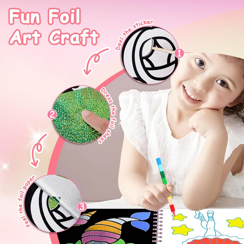 PATPAT DIY Foil Art Coloring Book for Kids with 16 Cartoon Patterns and 80 Glitter Foil Papers | Includes Scratching Stick and 8 Color Pen