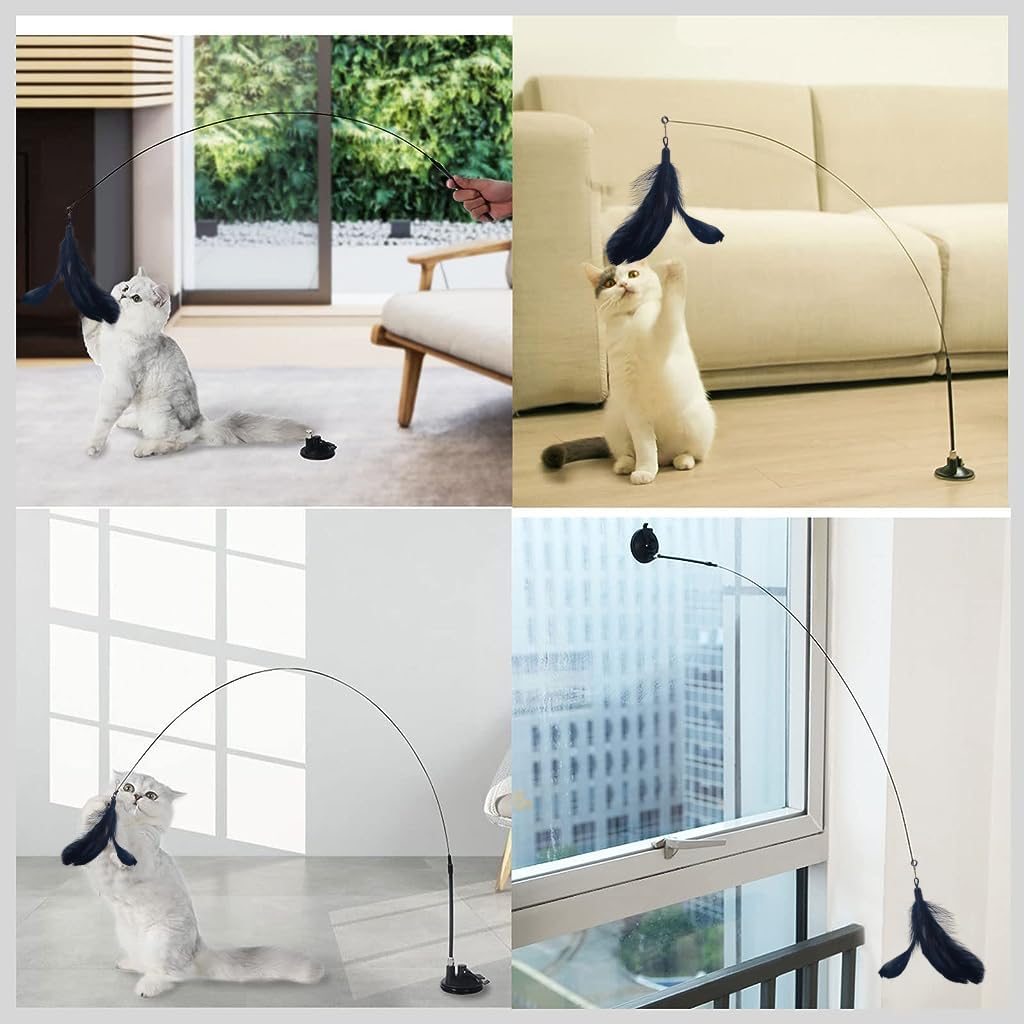 Qpets Cat Teaser Wand with Suction Cup featuring Fiberglass Rod and Feather Bell Toy for Indoor Cats 3 PCS