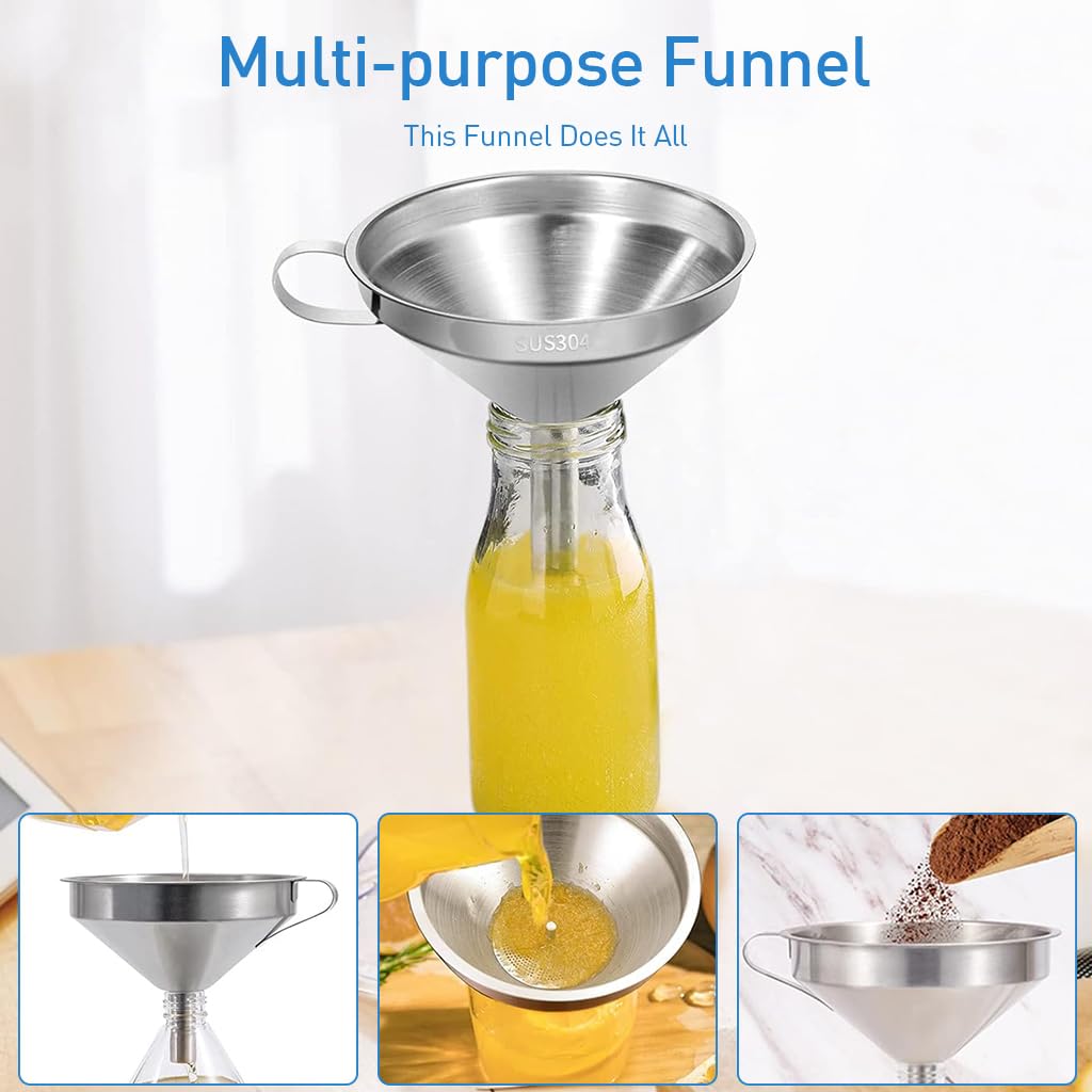 ZIBUYU® Kitchen Oil Filter Funnel 4.3 inches Stainless Steel Funnel with Removable Mesh Sieve Kitchen Oil Transfer Filter Funnel for Cooked Oil Reusable Liquid Filter Funnel for Oil, Juice