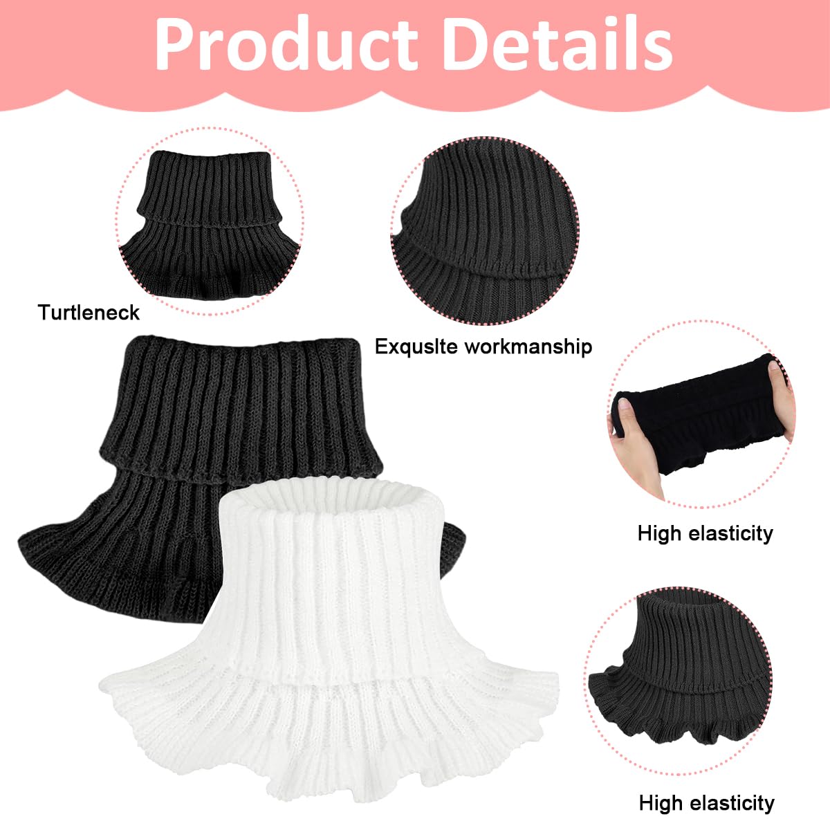 Venzina Knit Fake Turtleneck Collar for Layered Winter Style with Flounce Hem | 2pcs Black and White Acrylic Neck Warmer
