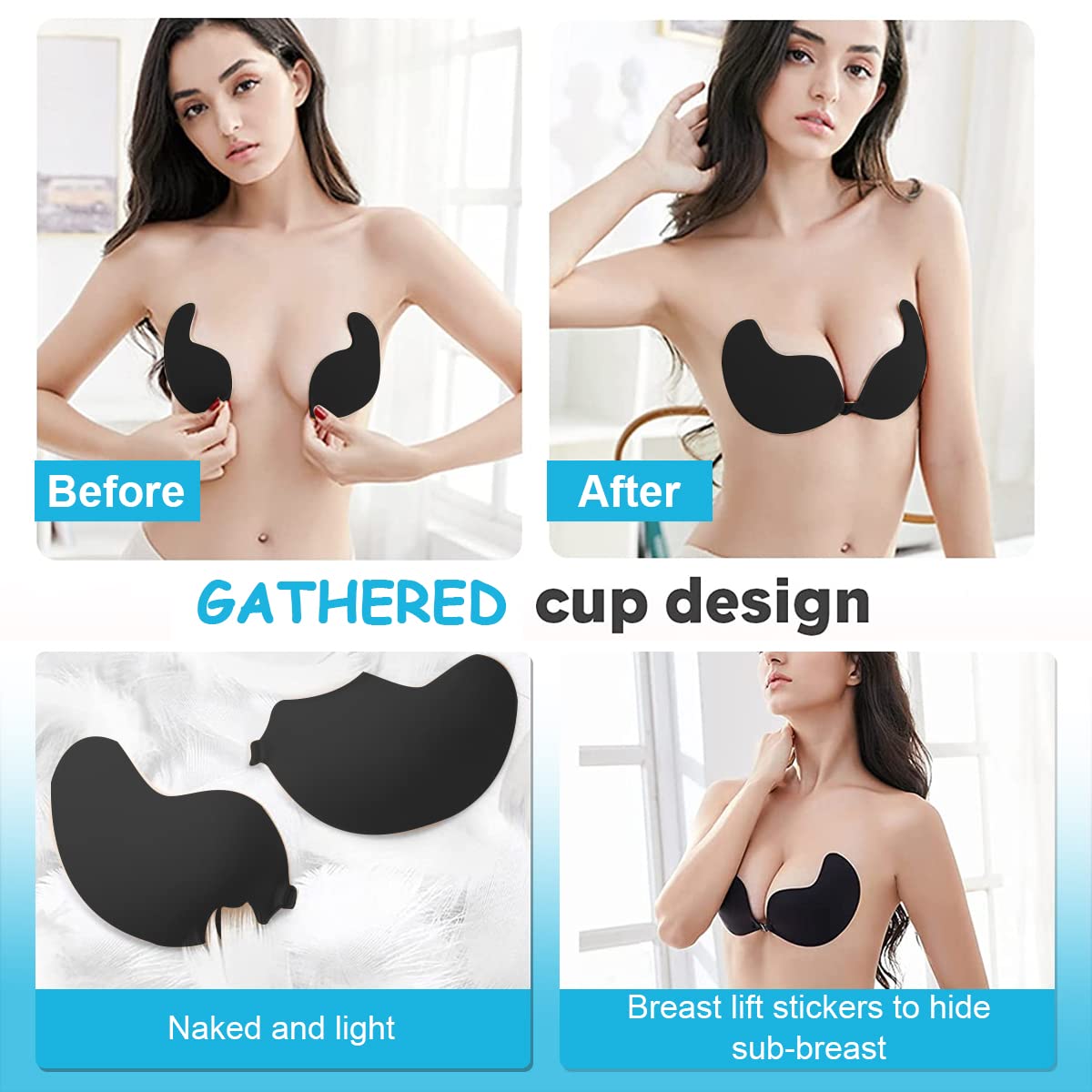 MAYCREATE® 1 Pair Silicone Wire Free Stick-On Bra Padded, Adhesive Bra Strapless Silicone Invisible Push Up Reusable Self Sticky Bra for Backless Dress Stick on Bra, Black, C