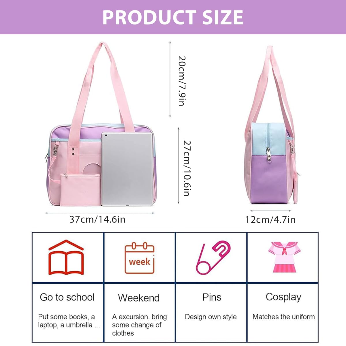 PALAY Girls Book Bag for School and Travel with Double Layer Zipper 36x12x27cm Pink Oxford Cloth | Includes Coin Pouch