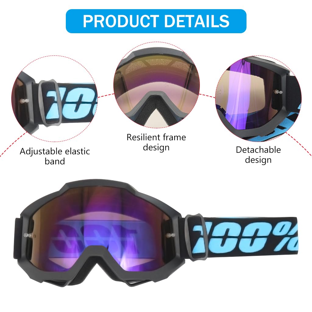 Proberos Motorcycle Goggles for Dirt Bike and ATV Riding with UV Protection Foam Padding and Adjustable Headband Blue