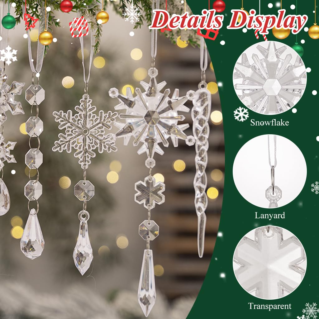 HASTHIP® 18pcs Christmas Tree Hanging Ornament Crystal Acrylic Christmas Ornaments for Christmas Tree Transparent Snowflake Icicle Christmas Hanging Ornament