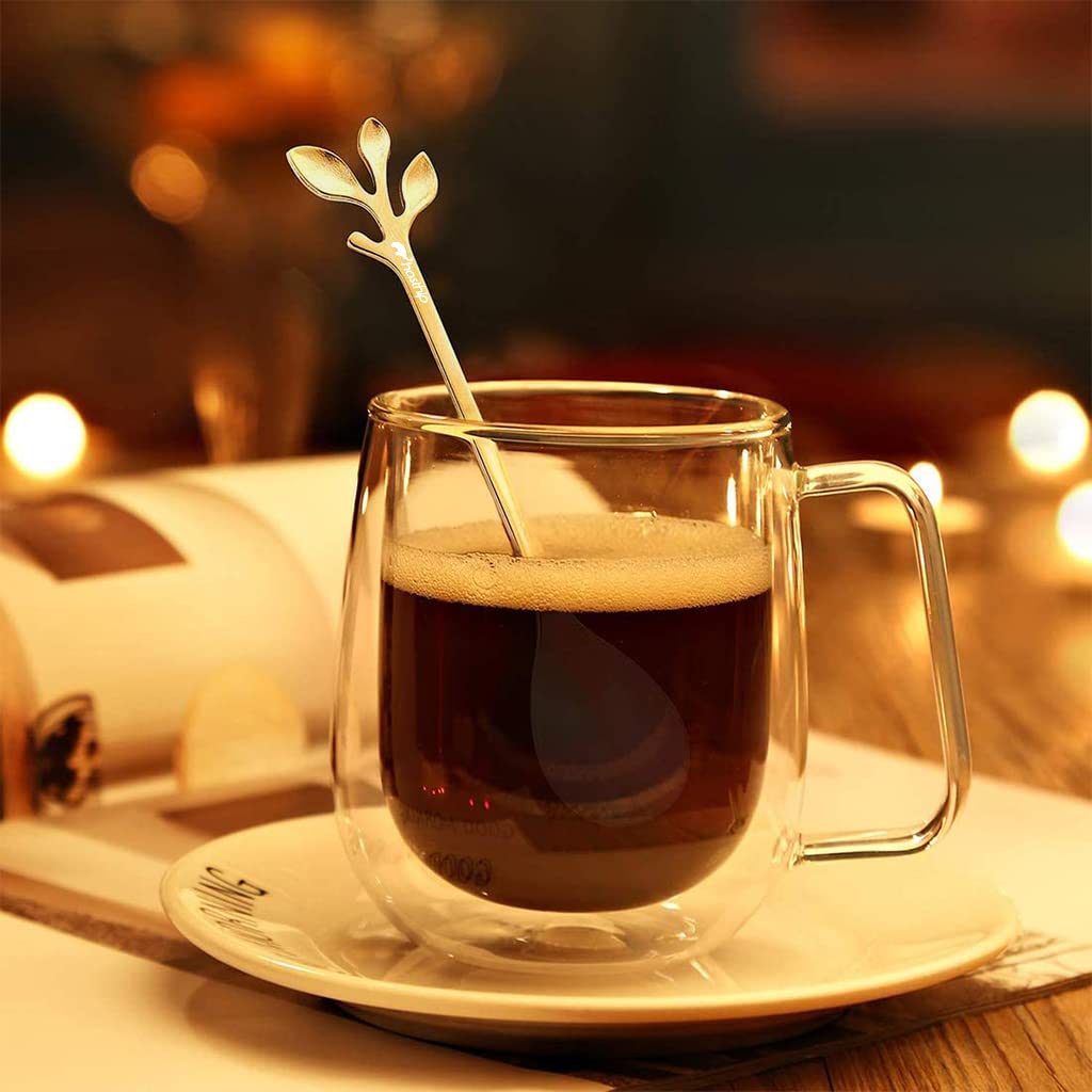 HASTHIP Coffee Spoon and Dessert Fork Set for Tea and Appetizers with Leaf Design | 4 Pcs 4.7 in Stainless Steel Gold Tableware