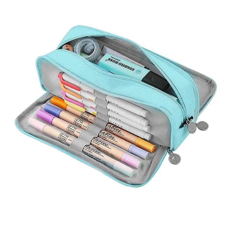 Zibuyu Pencil Box with Three Compartments and Smooth Zippers in Blue for Kids & Adults