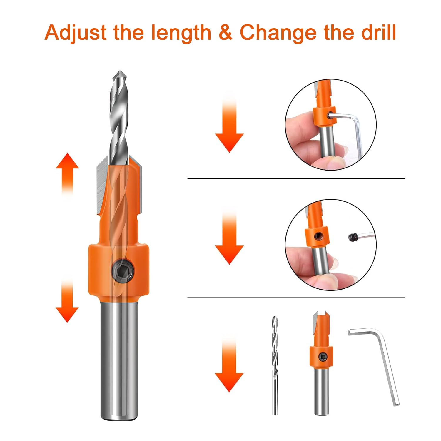 Serplex Countersink Drill Bit Set for Woodworking with 10 Pcs and 5 Extra Pilot Bits | #45 Carbon Steel