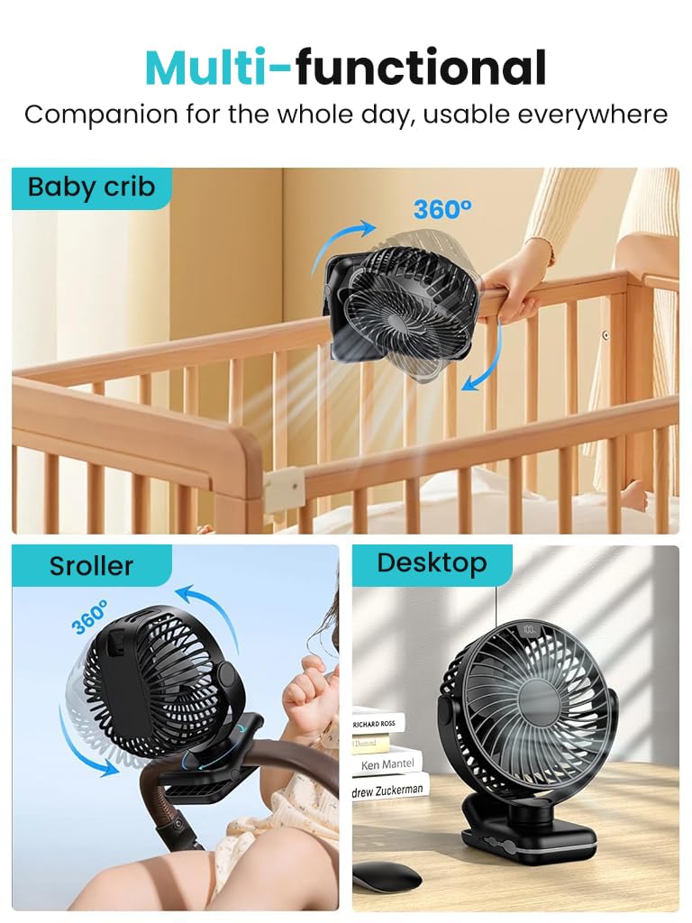 Verilux USB Desk Fan for Stroller and Desk with 5000mAh Battery featuring Clip and 4 Speeds
